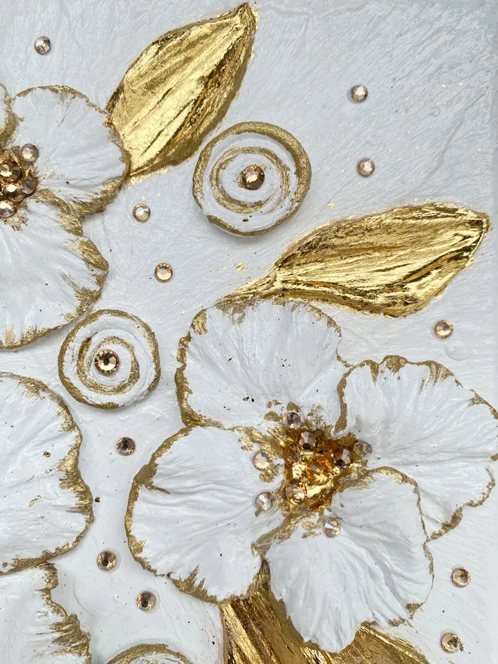 Gold and White Floral artwork with crystals | Poppy Textured painting Flower original art by Juliya JC