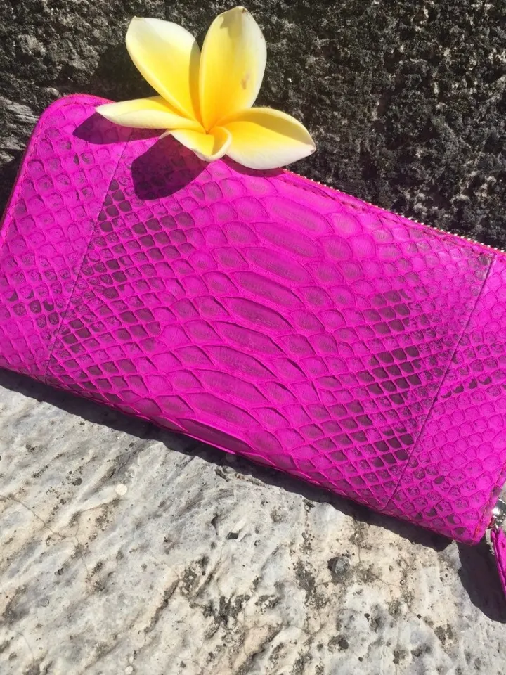 Wallet genuine python skin fuchsia bright color, women wallet, leather lady wallet, classic zip wallet, design wallet handmade, money wallet