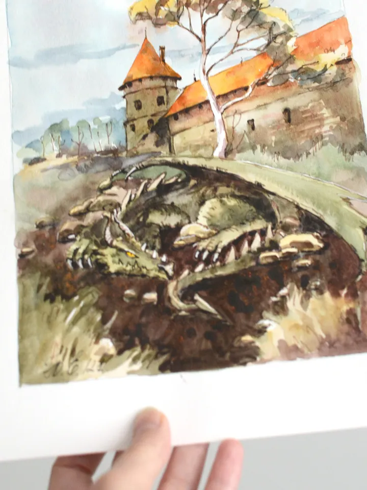 Fantasy dragon castle art Original watercolor painting by Yulia Evsyukova