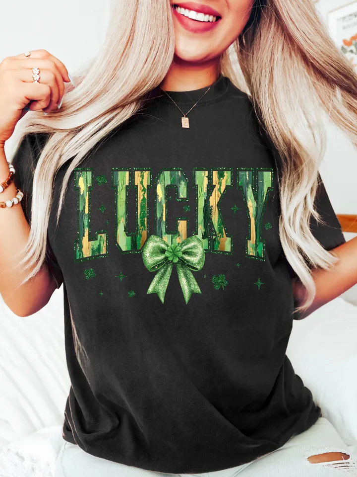 Glitter St Patrick's Day Coquette PNG, St Patty's Day Varsity png, Lucky Shamrock PNG, Coquette Bow Png, Irish Png, Brushstroke