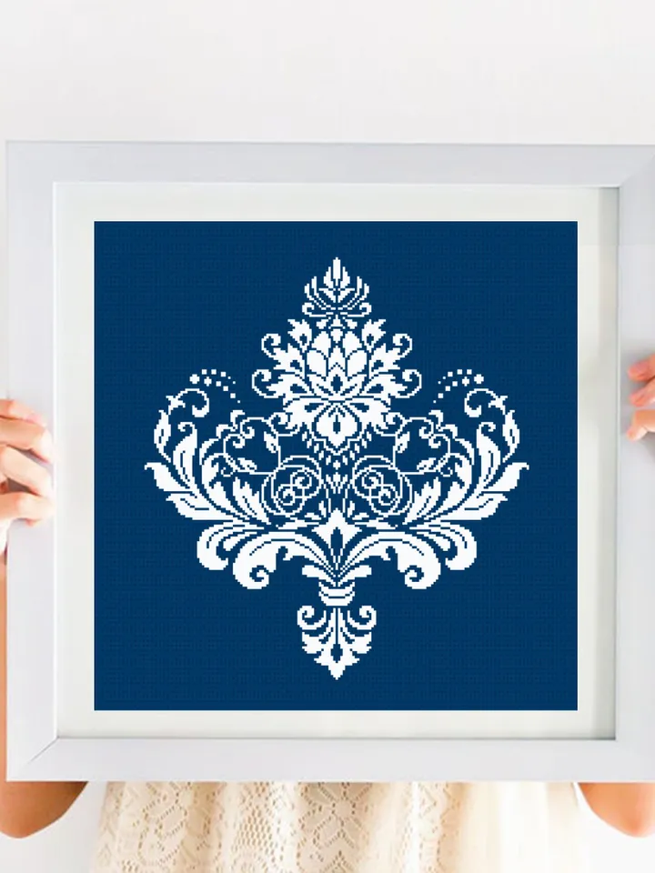 Floral damask ornament cross stitch pattern PDF download Flower mandala cross stitch chart, Damask pattern digital PDF, Floral scroll #M254