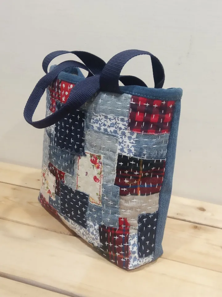 Quilted bag, patchwork bag, handmade bag, small handbag made of cotton and jeans, quilted textile handbag ,tote bag,