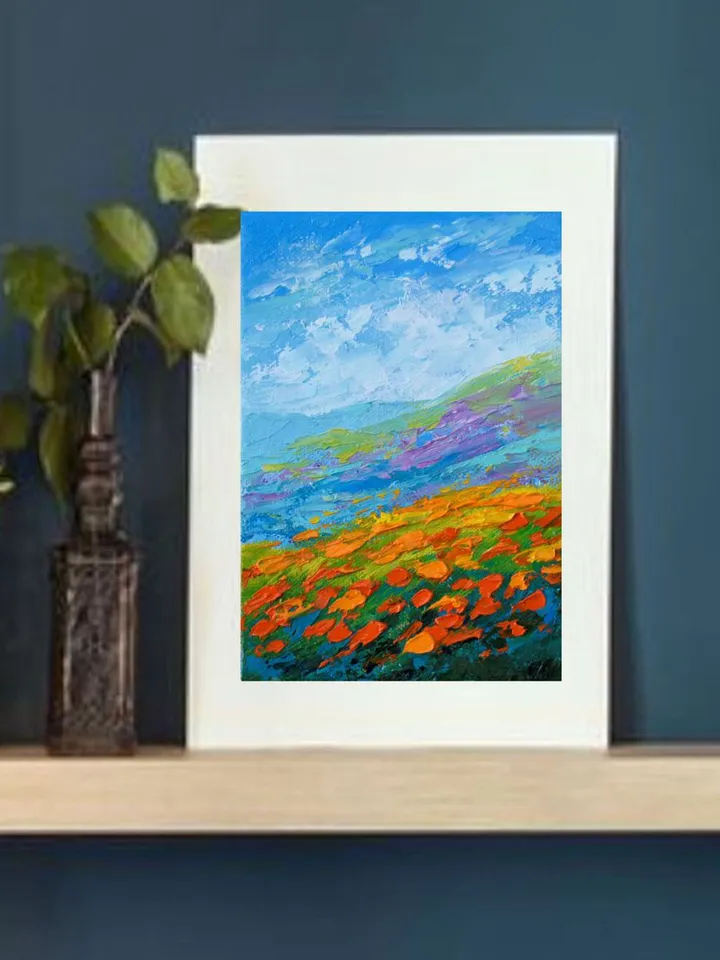California poppies painting Mountain Landscape Small Original Art 5 by 7 in Wildflower Painting by Juliya JC