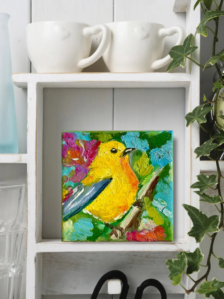 Yellow Wabler Painting, Bird Original oil Painting on Canvas, Wildlife Art, Miniature Artwork 4"x 4"