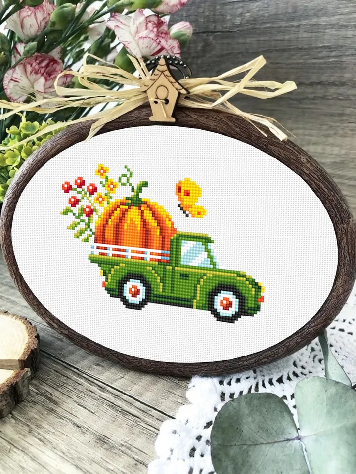 Fall truck with pumpkin cross stitch pattern PDF download Farmhouse truck cross stitch chart, Small pumpkin pattern PDF, Thanksgiving #H60