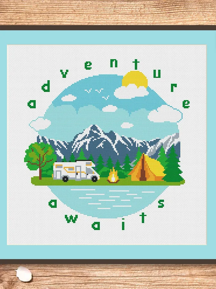 Adventure Awaits Cross Stitch Pattern, Camping Cross Stitch, Embroidery Adventure Awaits, Travel Pattern, Modern Cross Stitch #trl014