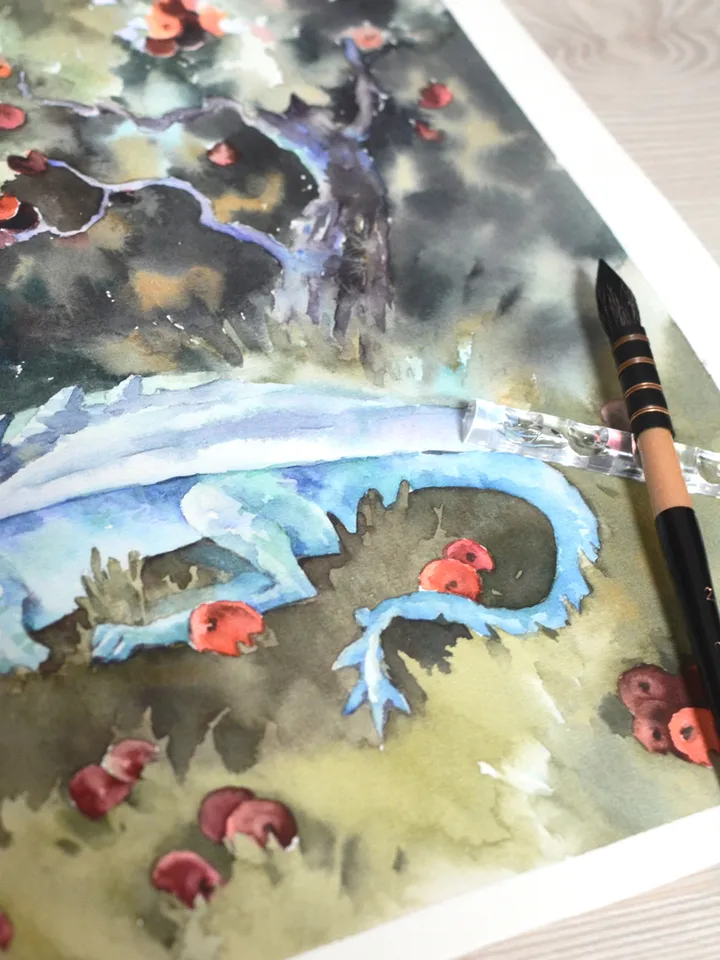 Blue dragon Original Fantasy art Watercolor painting by Yulia Evsyukova