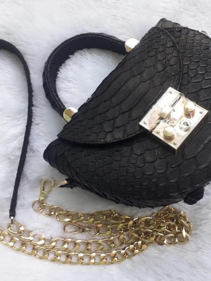 Genuine Python Skin Crosshandle Elegant Black Bag | Exotic Leather Bags | Designer Bags | Handmade Chain Crossbody Handle Women Classy Purse