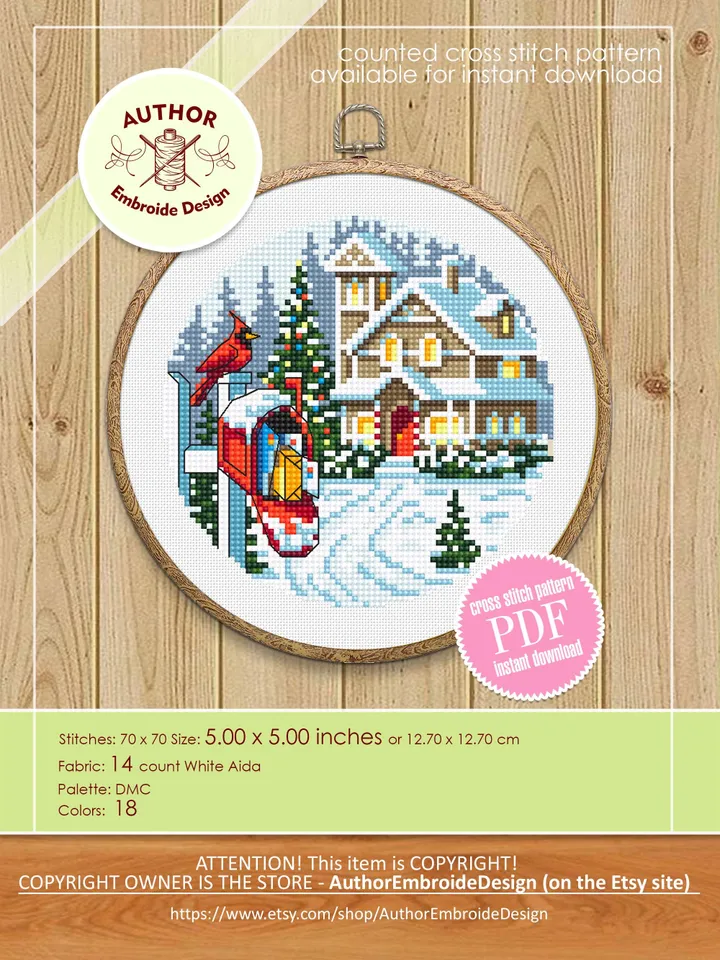 Christmas houses cross stitch pattern PDF download Winter landscape cross stitch chart, Merry Christmas pattern digital PDF, Red barn #N180