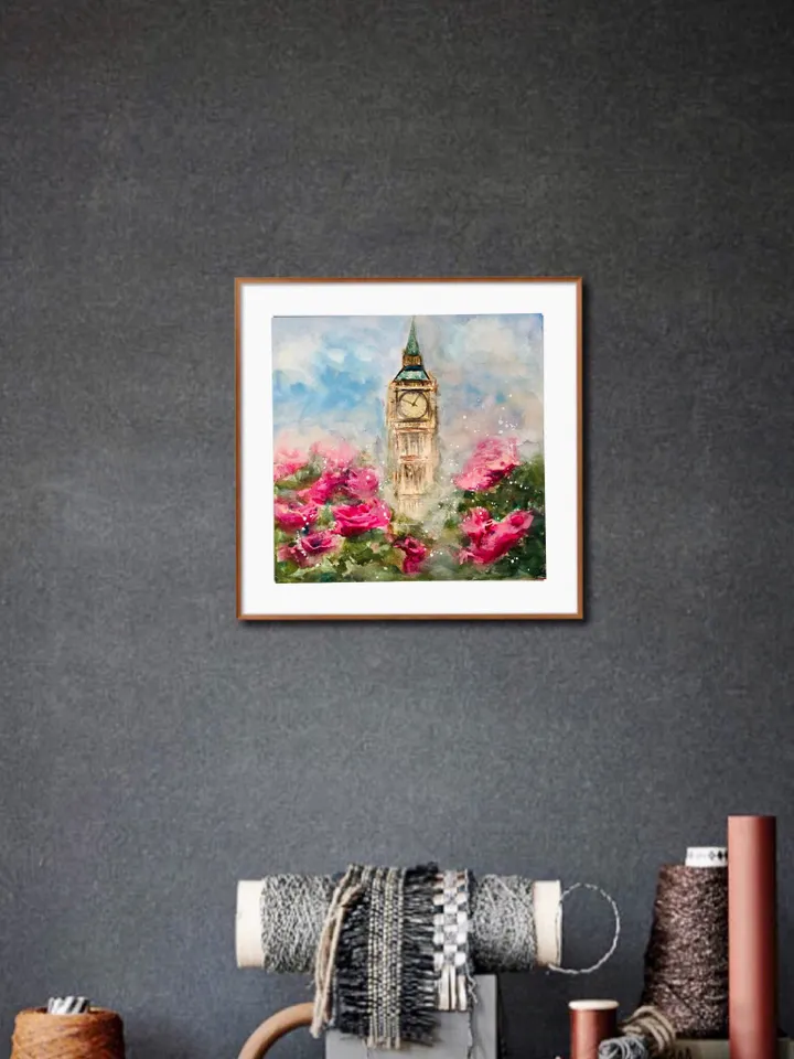 Big ben ,London painting ,original watercolour painting ,pink flowers painting,foggy landscape painting,wall art ,handmade home decoration