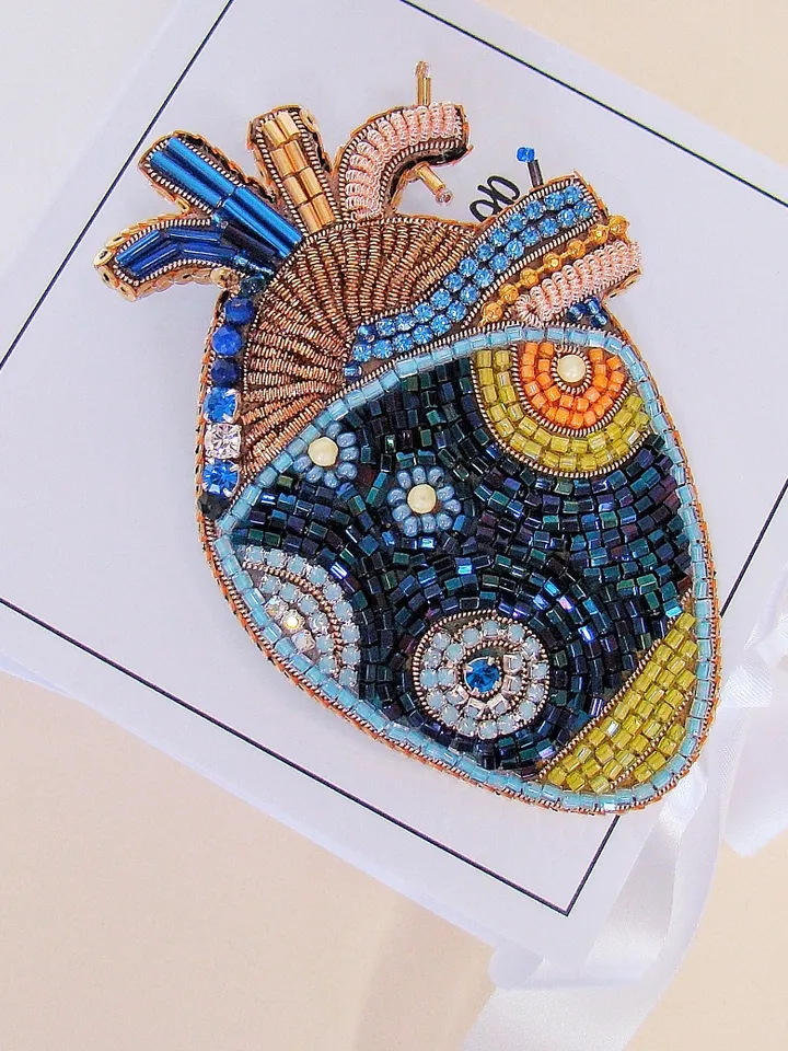 Anatomical heart brooch, embroidered brooch, beaded brooch, medical pin, jewelry design