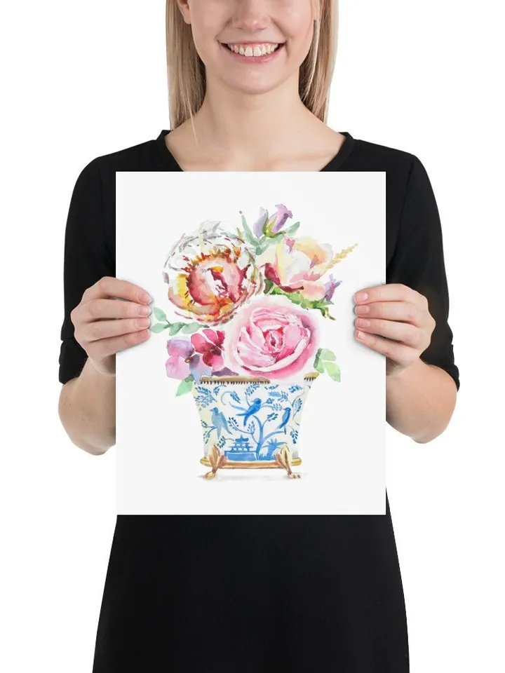 Watercolor Flowers Chinoiserie Home Decor Wall Art Flower Wall Art Flower Illustration Watercolor Pions Bleu White Decor Asian Vases Print