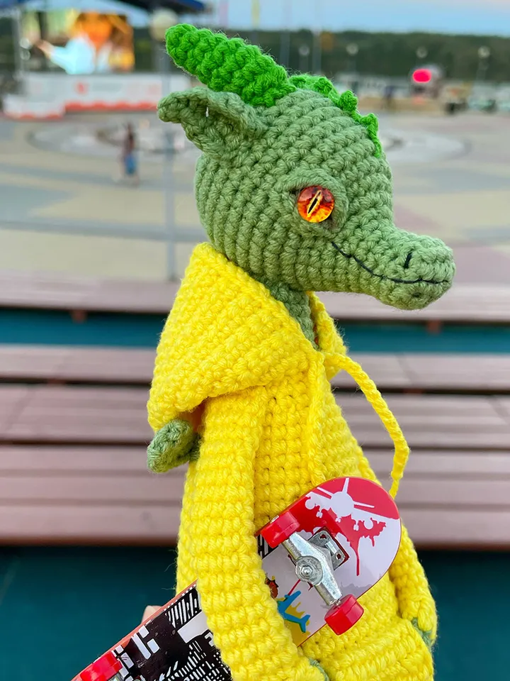 Crochet green dragon in hoodie gift idea for all lover dragons, handmade art doll, exclusive stuffed toys for adults