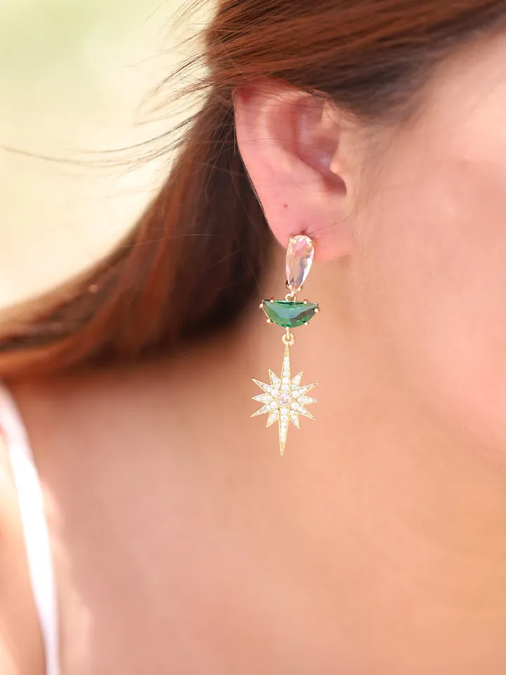 Art Deco Gold Star Wedding Earrings, Emerald Green Statement Bridal Earrings, Celestial Earrings, Boho Bridal Earrings, Statement Jewelry