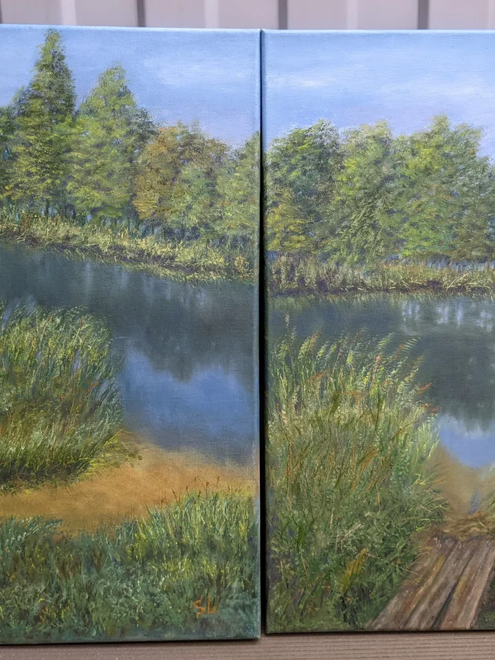 Summer landscape with a river and a wooden bridge, tall grass and trees, original painting 16x12 inches