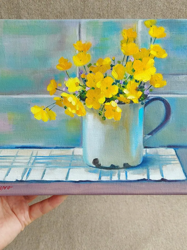 Flowers. Buttercups. Original Wall Art. Still life. 10x8 inches.