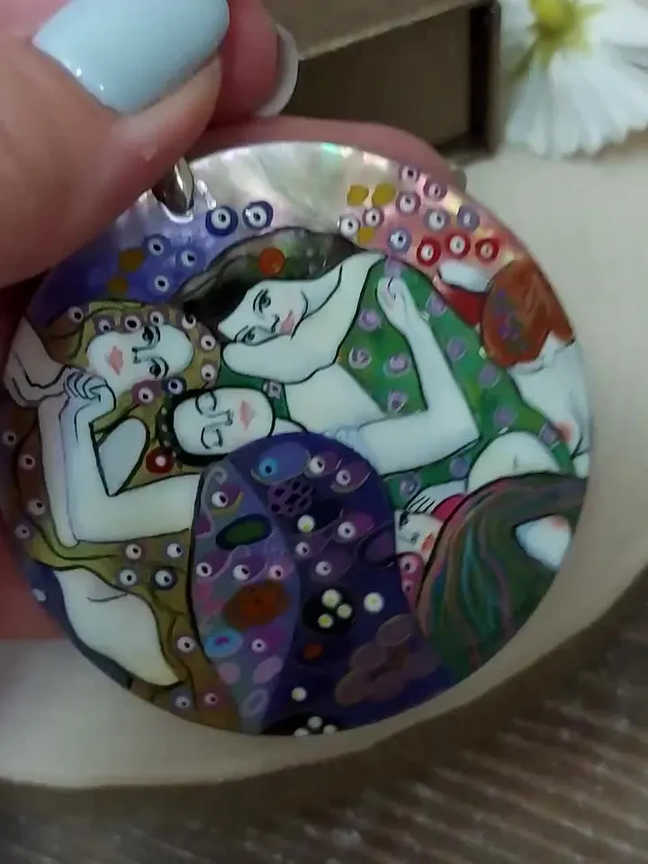 Gustav Klimt"The Maiden". Mother-of-pearl Russian hand-painted necklace. Hand paint necklace pendant. Hand painted miniature painting