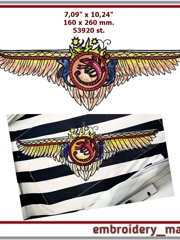 Embroidery design wings, sun, marine life and sea animals