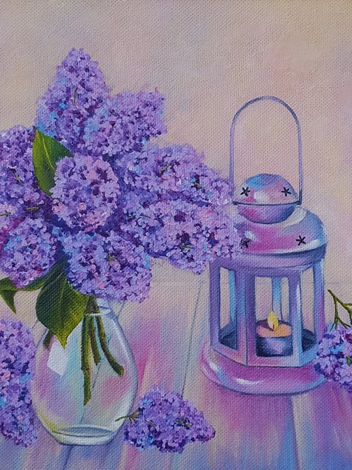 Lilac Painting Still Life Original Art Flower Artwork Bouquet Frame Oil Painting