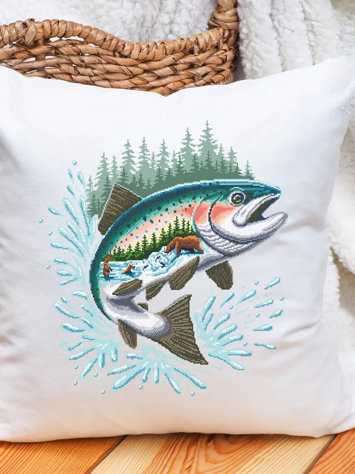 Salmon Fish cross stitch pattern PDF download Katmai national park cross stitch chart, Bears catch fish, Nature landscape pattern PDF #L80