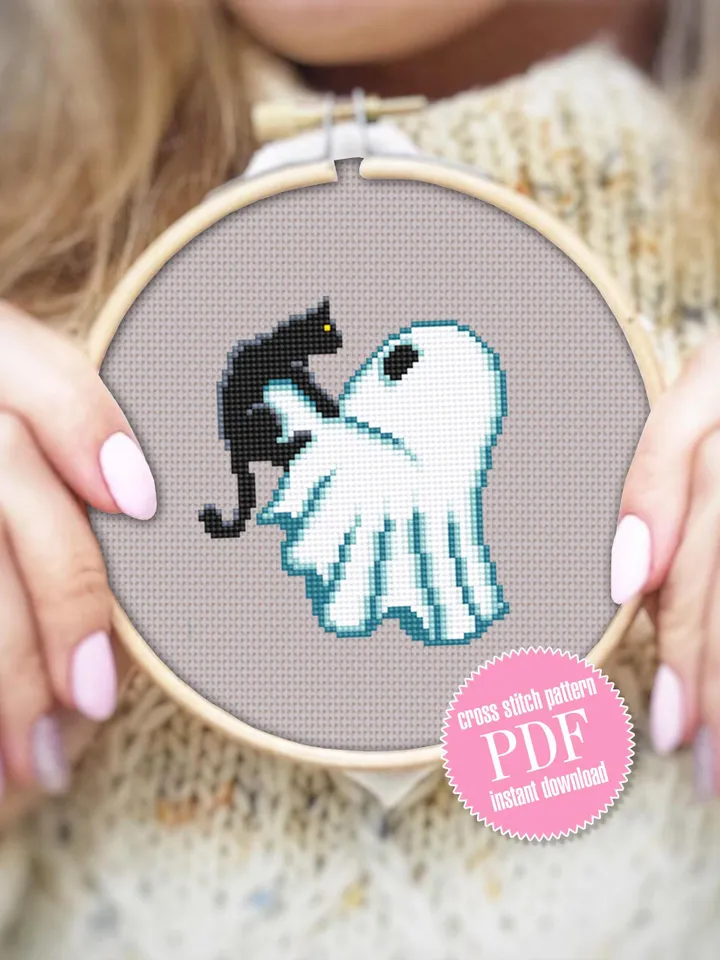 Ghost with black cat cross stitch pattern PDF download Happy Meowloween, Cute ghost cross stitch chart, Halloween pattern digital PDF #H90