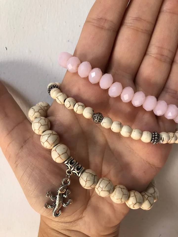 Set of Tree White Pink Bracelets | Crystal Bracelet | Howlith Bracelet | Totem Bracelet | Summer Set Bracelet Woman | Handmade Bracelet Set