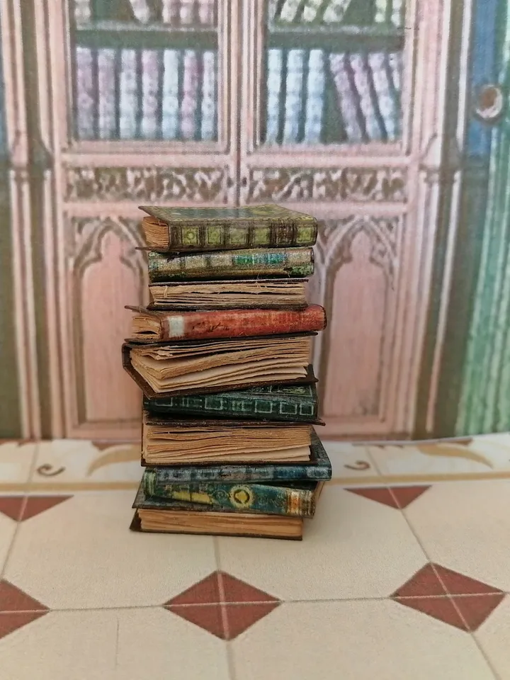 Stack of aged, vintage books. Imitation books. Dollhouse miniature. 1:12. Handmade.