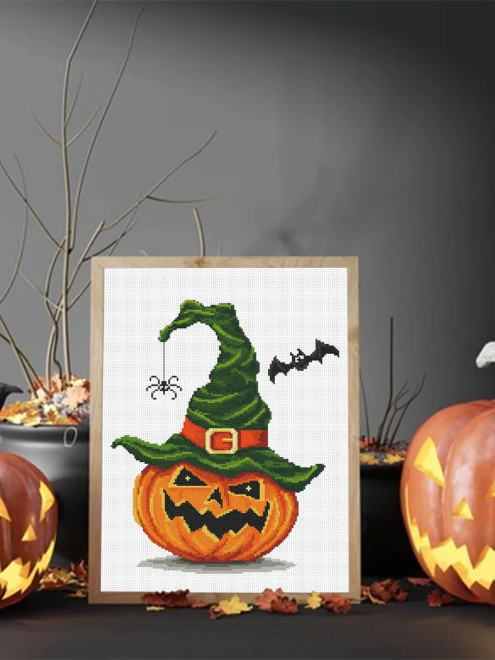 Halloween pumpkin cross stitch pattern PDF download Witch hat cross stitch chart, Happy Halloween pattern digital PDF, Halloween decor #H5