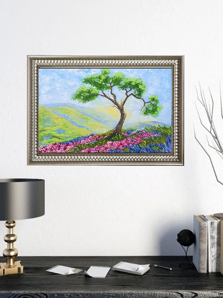 Cypress Tree Painting Lavender Original Art Landscape Artwork Oil Painting