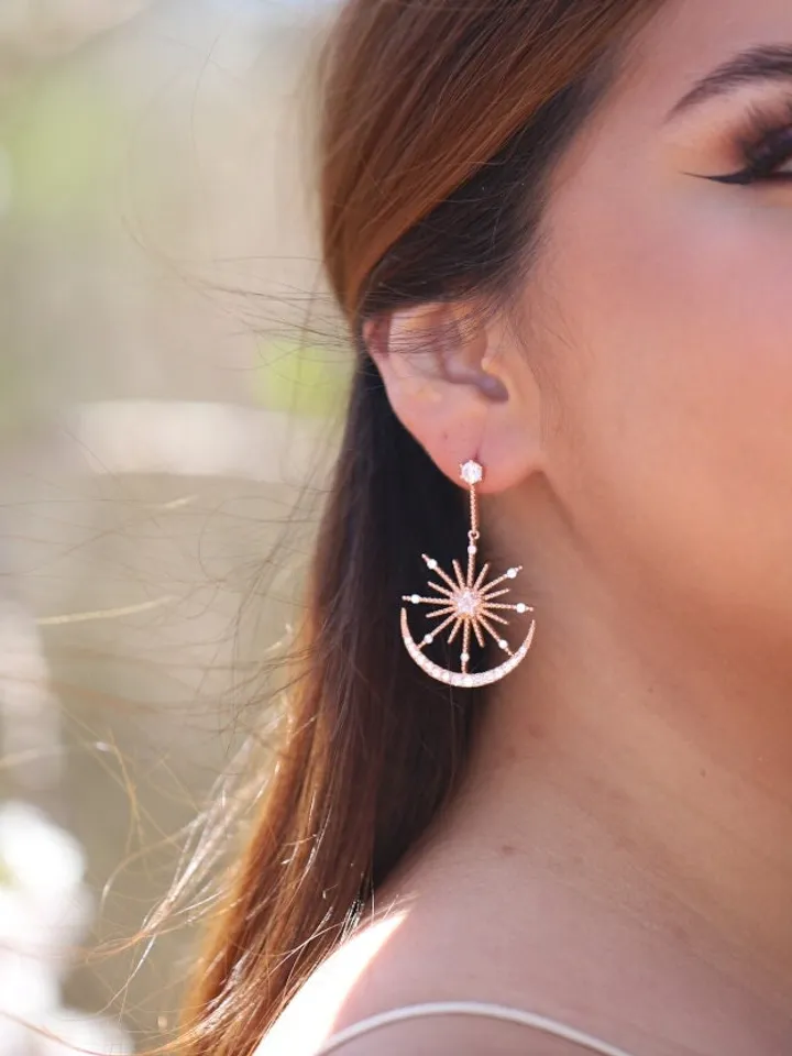 Rose Gold Star Boho Wedding Earrings, Swarovski Crystal Boho Bridal Earrings, Cubic Zirconia Bridal Jewelry, Celestial CZ Wedding Jewelry