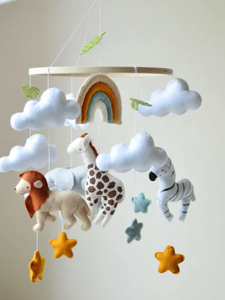 Hand sewn Safari baby mobile for nursery decor with Jungle animals