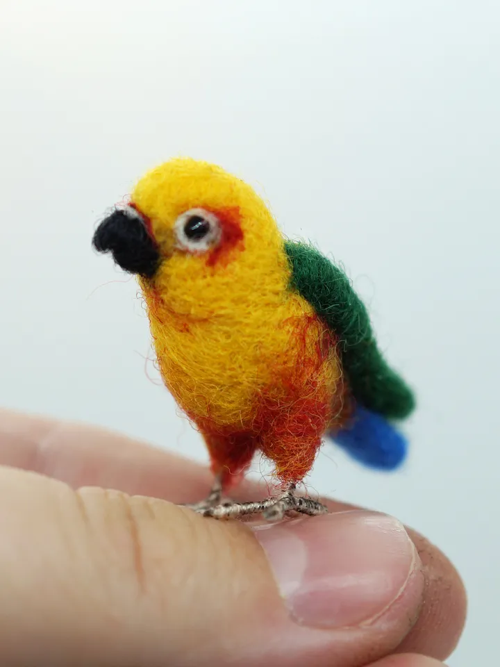 Miniature needle felted Jenday Conure, miniature parakeet, tiny parrot, made to order