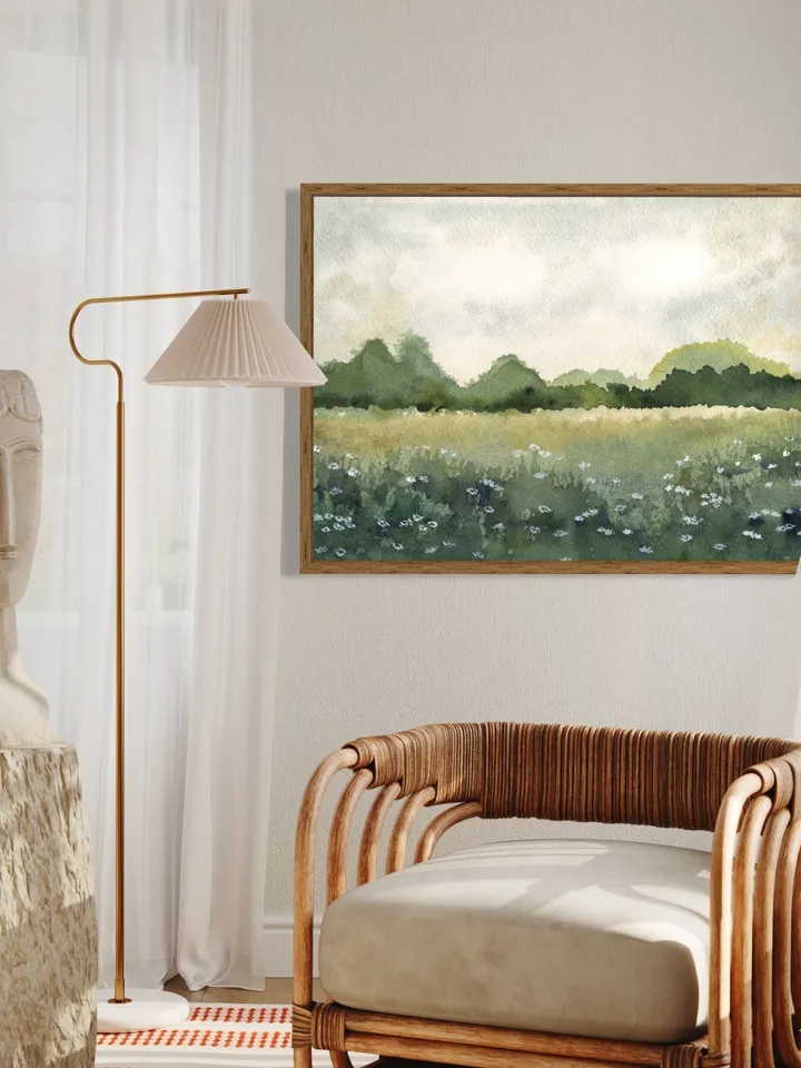 Summer Landscape Wild Flowers Print, Green Field Wall Art, Bed Room Art Print, Country Print, Sun Flower Painting, Neutral Green Print