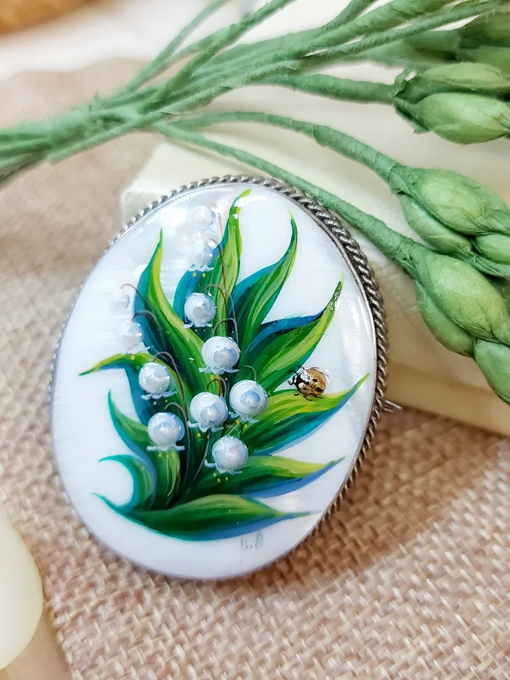 Brooches for women: Lily of the valley and Ladybug on Handmade jewelry brooch, hand painted shell brooch with May flower and lady beetle