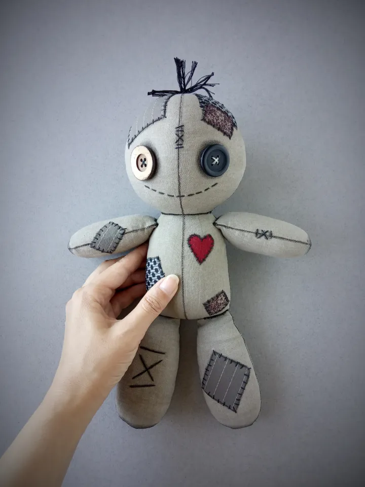 Handmade Doll With Button Eyes - Gray