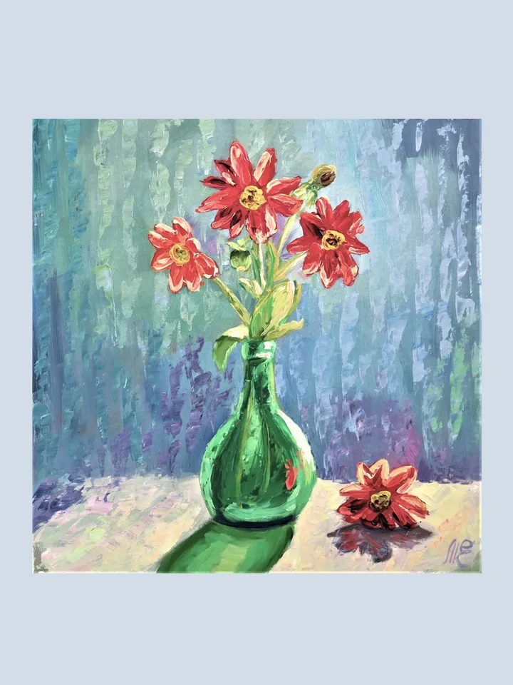 Original Oil Painting Red Flowers in Vase Artwork Floral Mini Art Bold Red Blooms for Home Decor