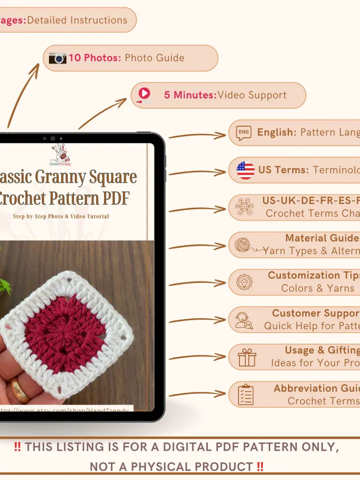 Two Color Solid Granny Square Crochet Pattern PDF for Beginners, Easy Crochet Motif Tutorial, DIY Blanket Patch, Instant Download Pattern