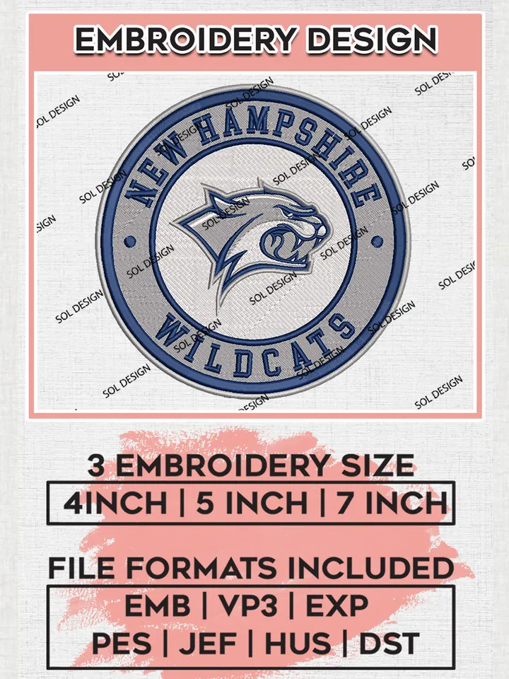 NCAA New Hampshire Wildcats Round Logo Embroidery, NCAA New Hampshire Team Logo Embroidery files, NCAA Teams, Machine embroidery designs, Digital Download