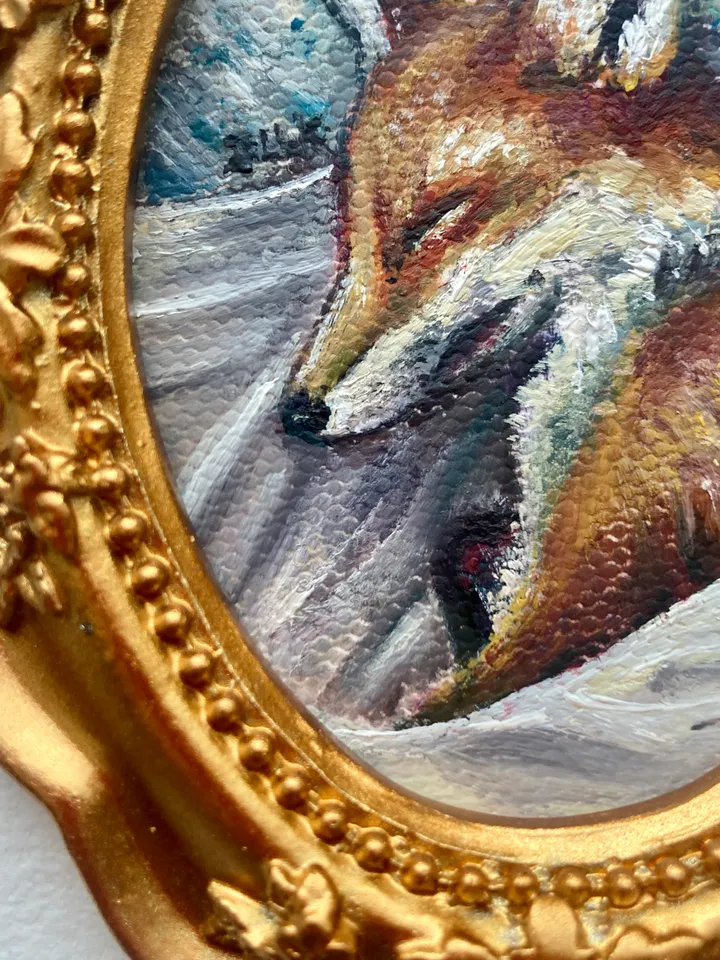 Fox Oil Painting Original In Vintage Style Frame Small Framed Animals Wildlife Art Oval Frame