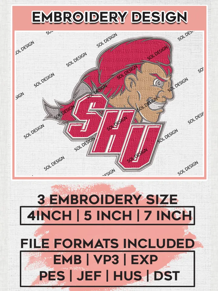 NCAA SHU Pioneers Team Logo Embroidery Design Files, NCAA Sacred Heart Pioneers Machine Embroidery, NCAA Teams, 3 sizes, NCAA Machine embroidery designs, Digital Download
