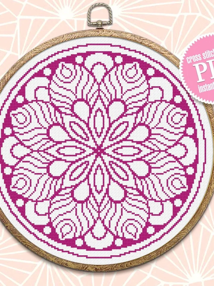 Flower mandala cross stitch pattern download PDF, Monochrome cross stitch chart, Floral ornament hand embroidery, Mandala pattern PDF #M26