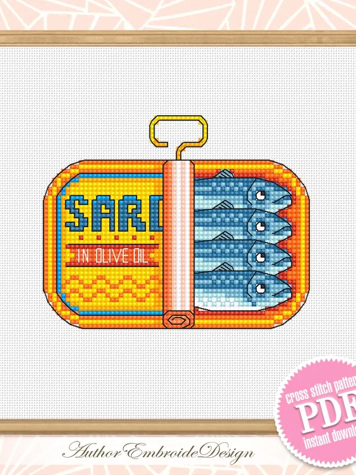 Sardines in a can cross stitch pattern PDF download Tinned sardines cross stitch chart, Funny kitchen decor, Small fish pattern digital #F26