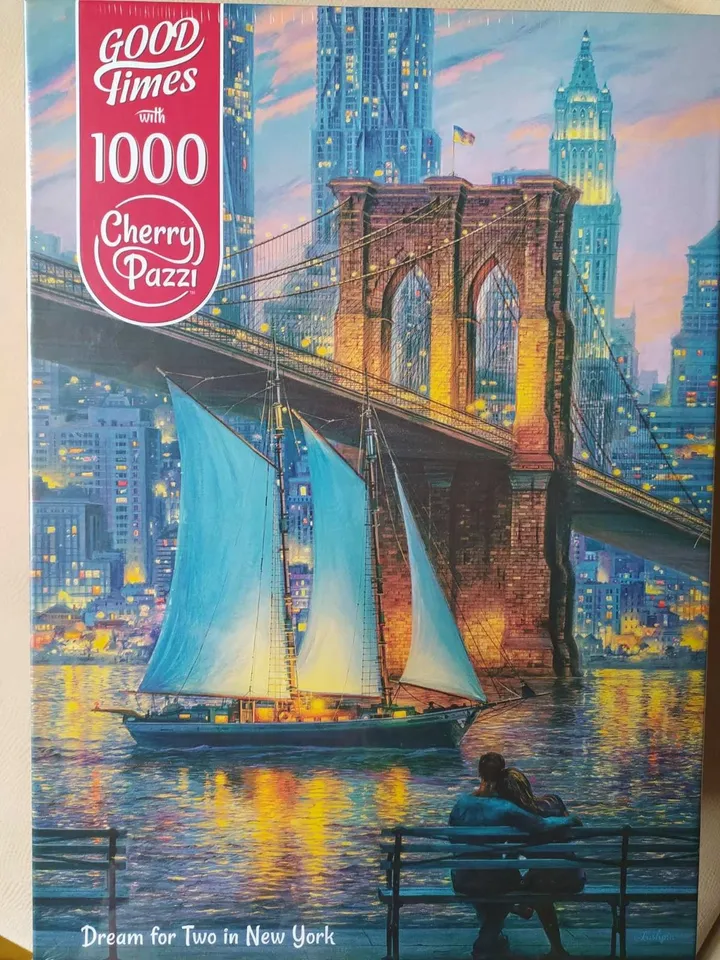 Brooklyn Bridge,sailboat under the bridge,on the river, evening sunset on the bridge,Dream in New York,Puzzles for adults, Romantic New York
