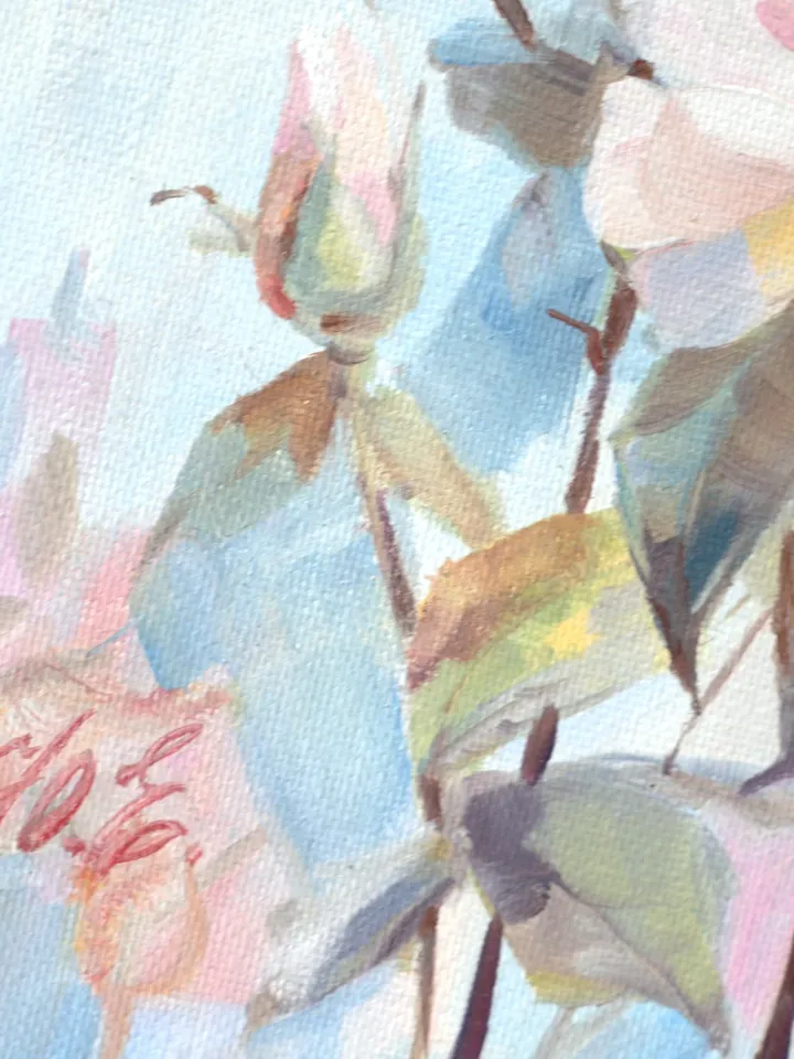 Roses oil painting / Pink flowers on blue art $95.00 | Buy online with ...