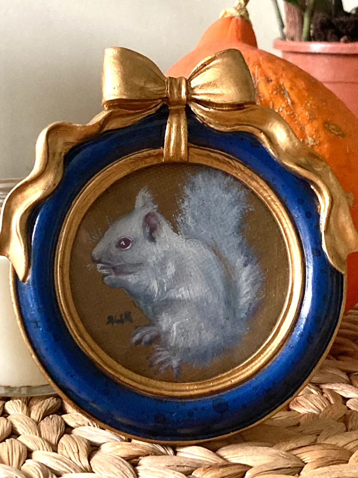 Framed Squirrel Oil Painting Original Albino Bird Art Dark Cottagecore Art Round Frame
