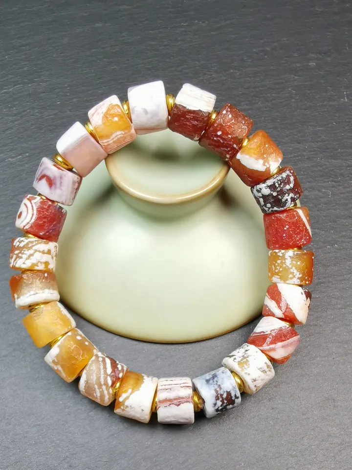 Gandhanra Tibetan Sugar Agate Beads Wrist Mala, Unique 11mm Cylinder Carnelian Bracelet