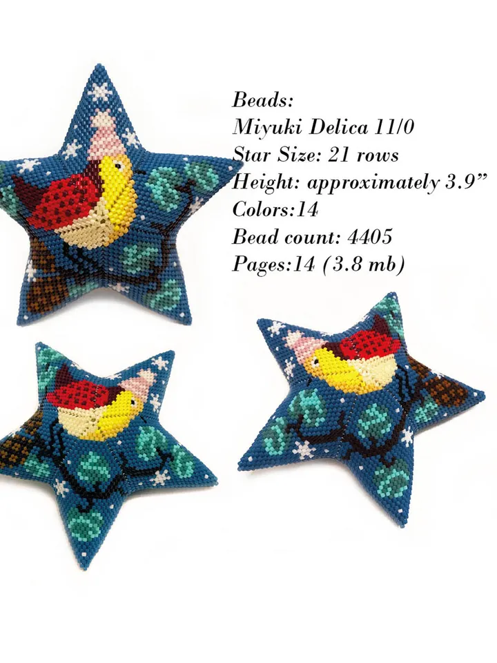 Peyote Star Winter Bird, Beaded Star Pattern, Seed Bead Christmas Ornament