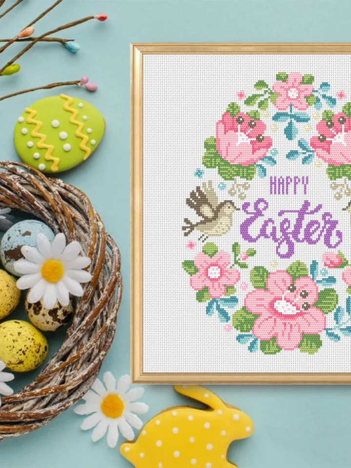 Floral easter egg cross stitch pattern PDF Pastel cross stitch Happy Easter cross stitch download PDF, Watercolor floral easter ornament #T7