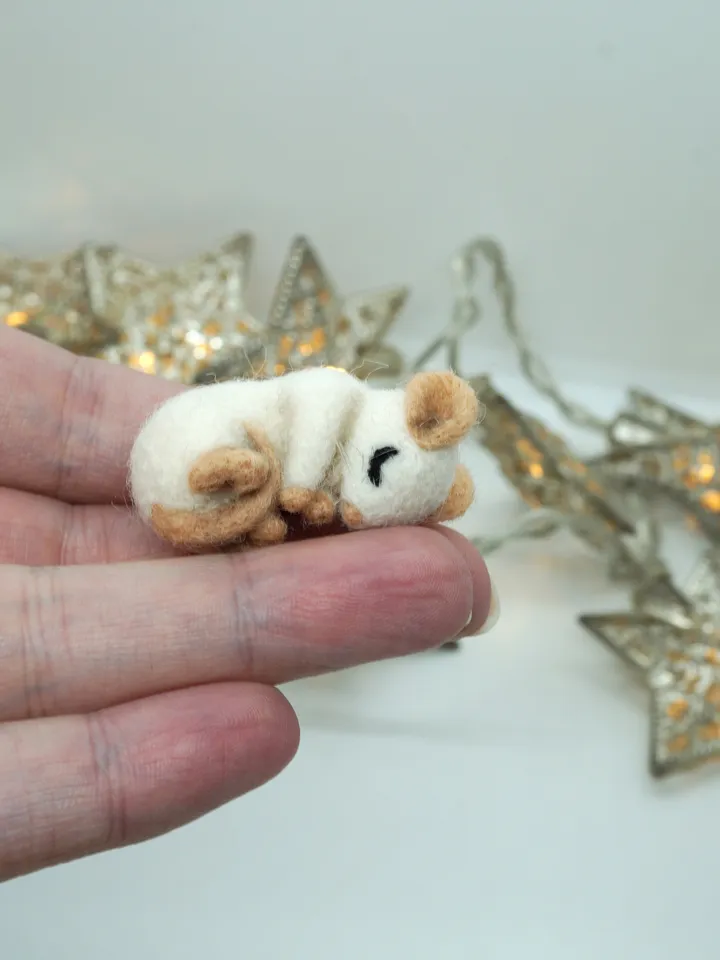 Miniature needle felted mouse sleeping in a pink flower, baby mouse, white mouse, made to order
