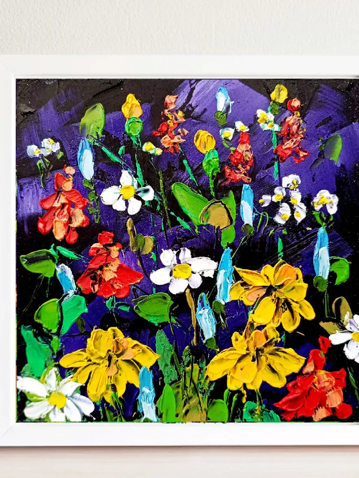 Wildflower Painting Birthday Flower Daisy Original Art Floral hand-painted Mini Landscape 6x6” Small Unique Art Decor by ArtProkopaloSv